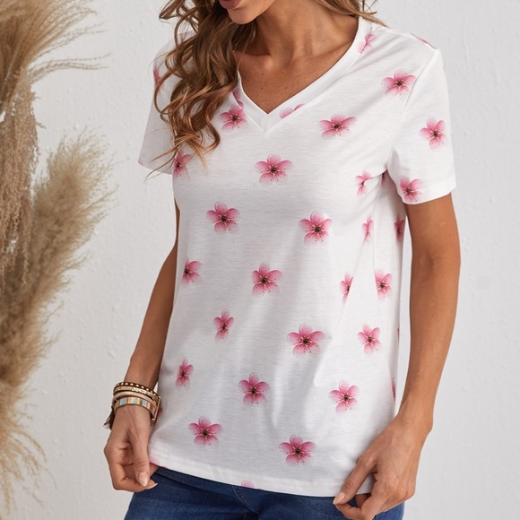 Pink White Tropical Floral Print Casual Short Sleeve Top Shirt MEDIUM - Picture 5 of 7